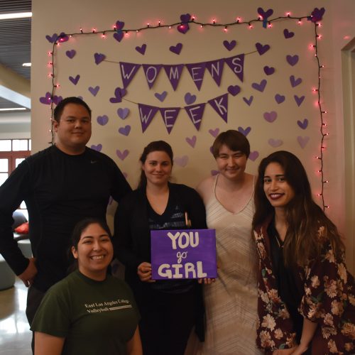 From left to right, Matthew Federis, Brittny Marmolejo, Sarah Krashefski, Phoenix Spoor and Alexis Mumford celebrate Women's Empowerment Week. CI's Student Government hosted Women's Empowerment Week to bring awareness of Women's History Month to campus. Photo credit to Cindy Aguilar.